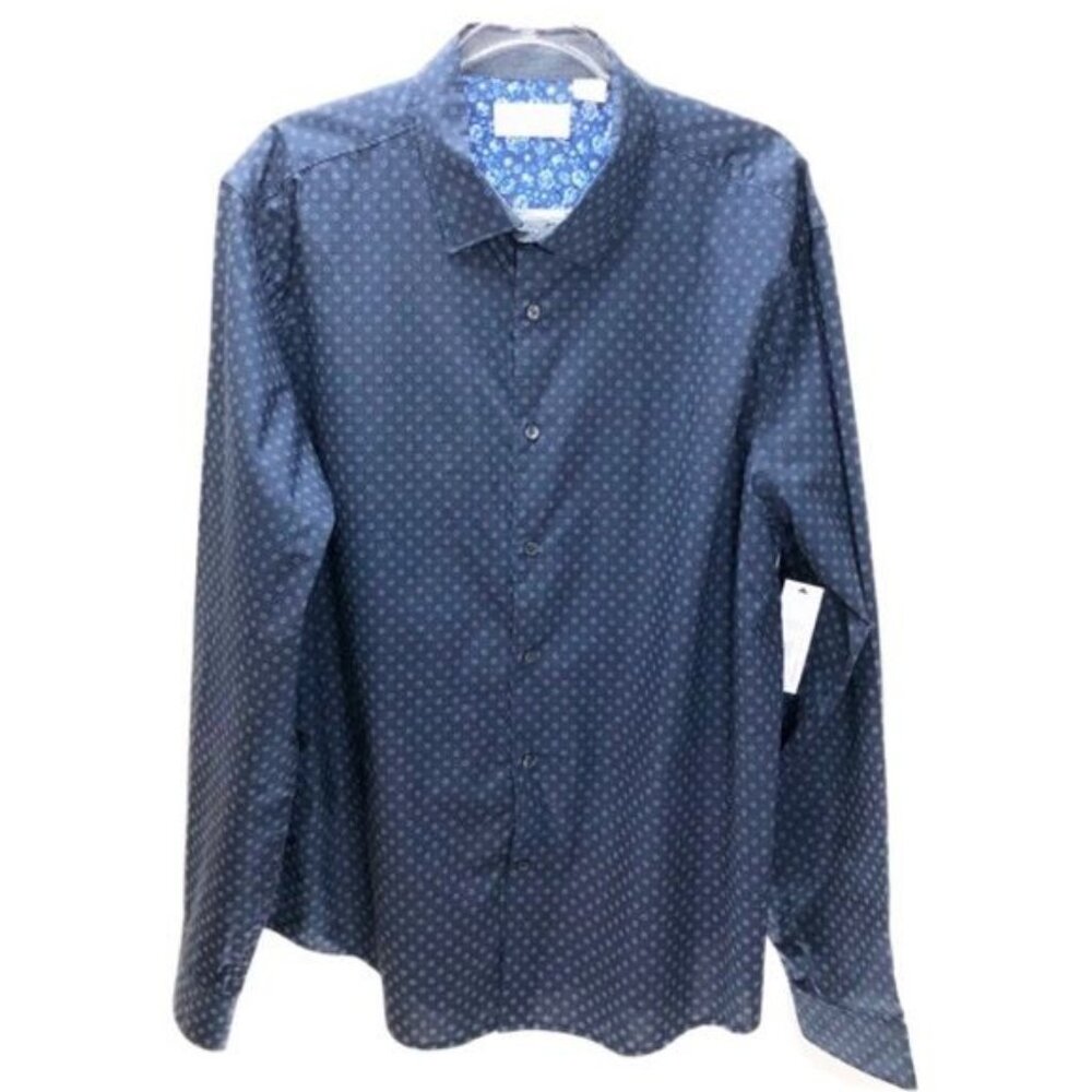 Claiborne Slim Fit XXL Navy Blue Button-Up Shirt W/ Floral Stretch100% Cotton